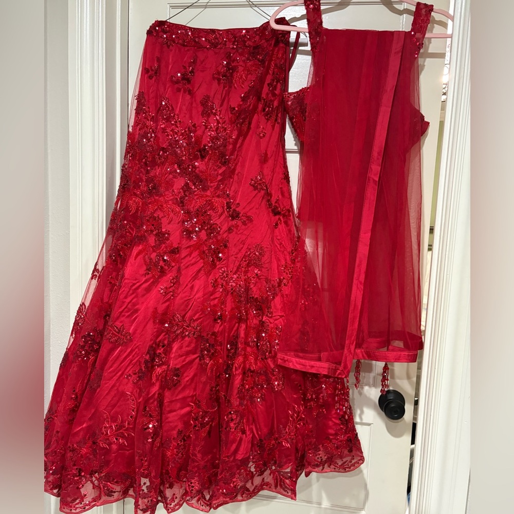 Elegant Red Floral Gown with Sheer Overlay